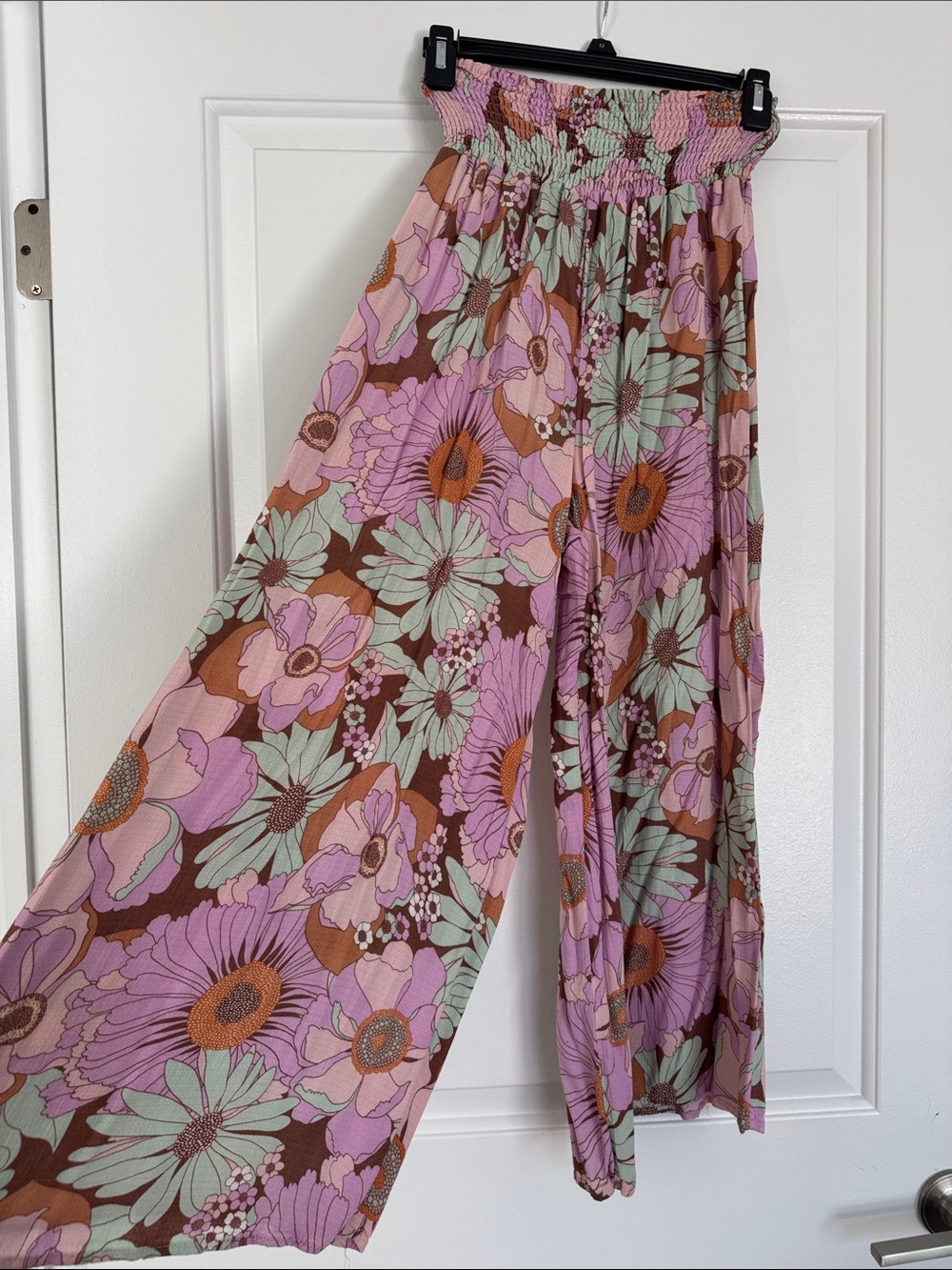 Rachel Zoe Pink and Brown Floral Wide-Leg Smocked Waist Pants